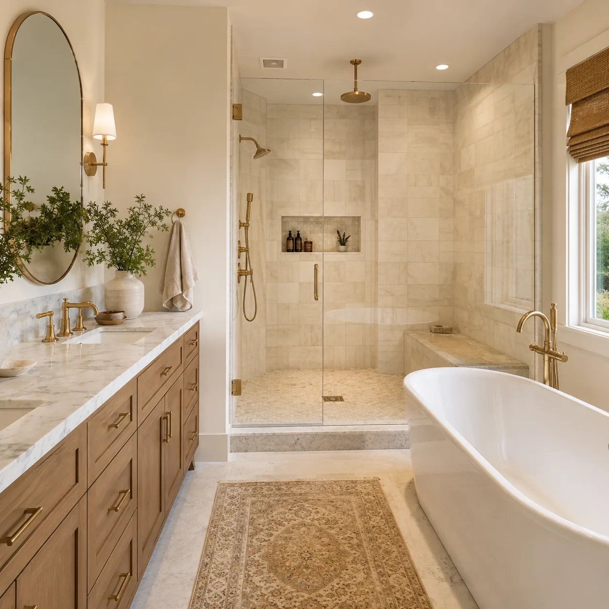 Luxury remodeled bathroom with walk-in shower and freestanding tub