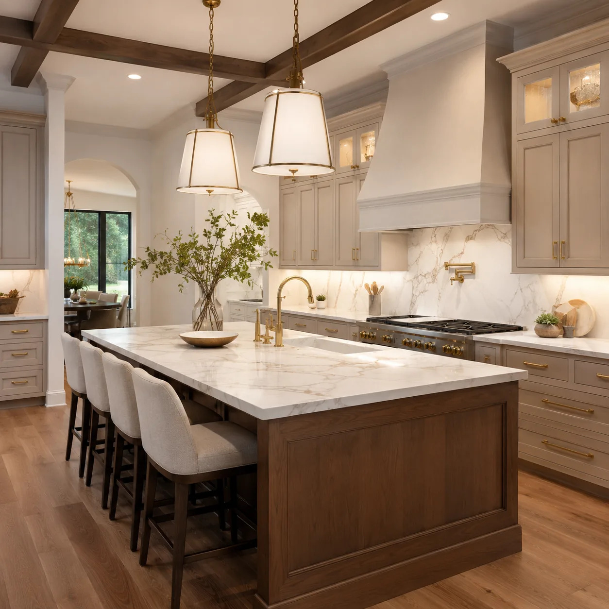 Remodeled kitchen with custom cabinetry and marble island