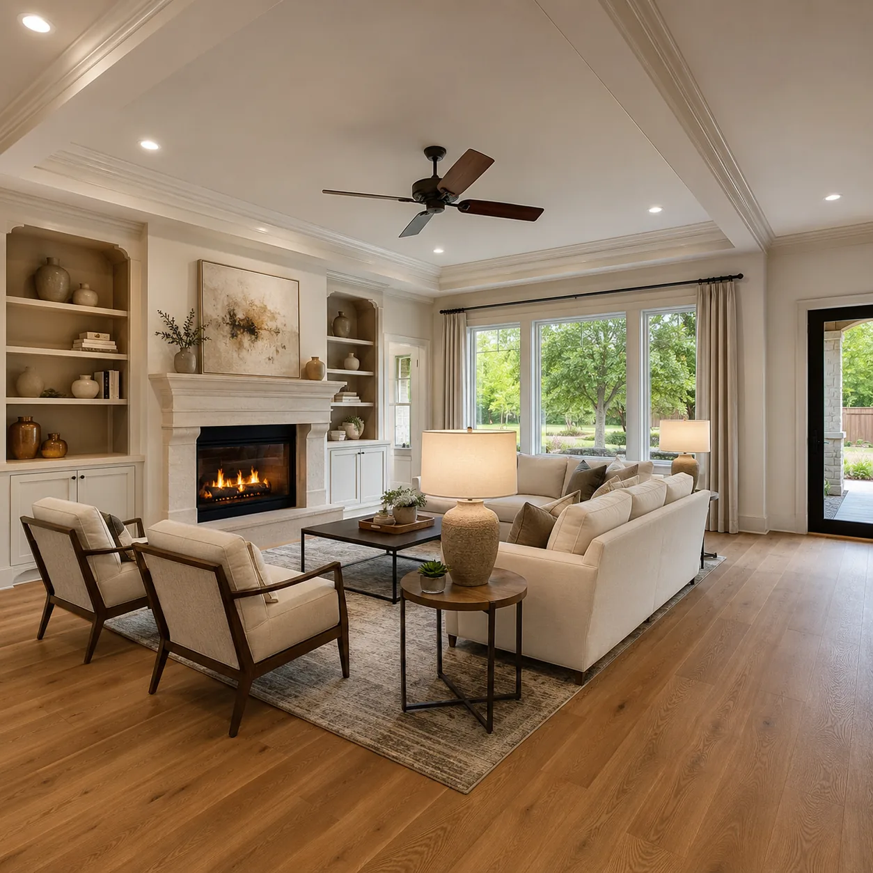 Remodeled living room with fireplace, built-ins, and hardwood floors